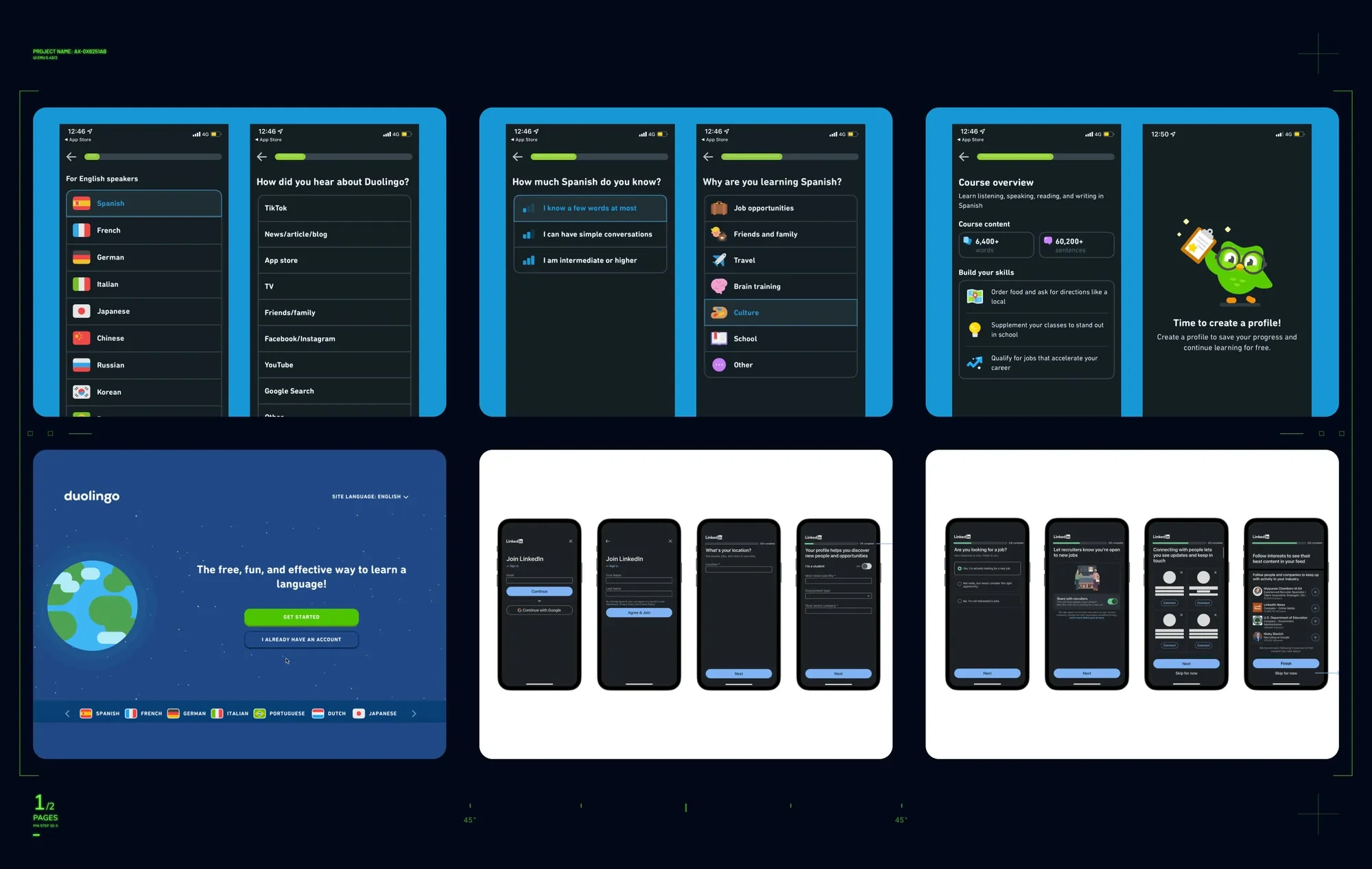 Competitor analysis board — Duolingo onboarding flows