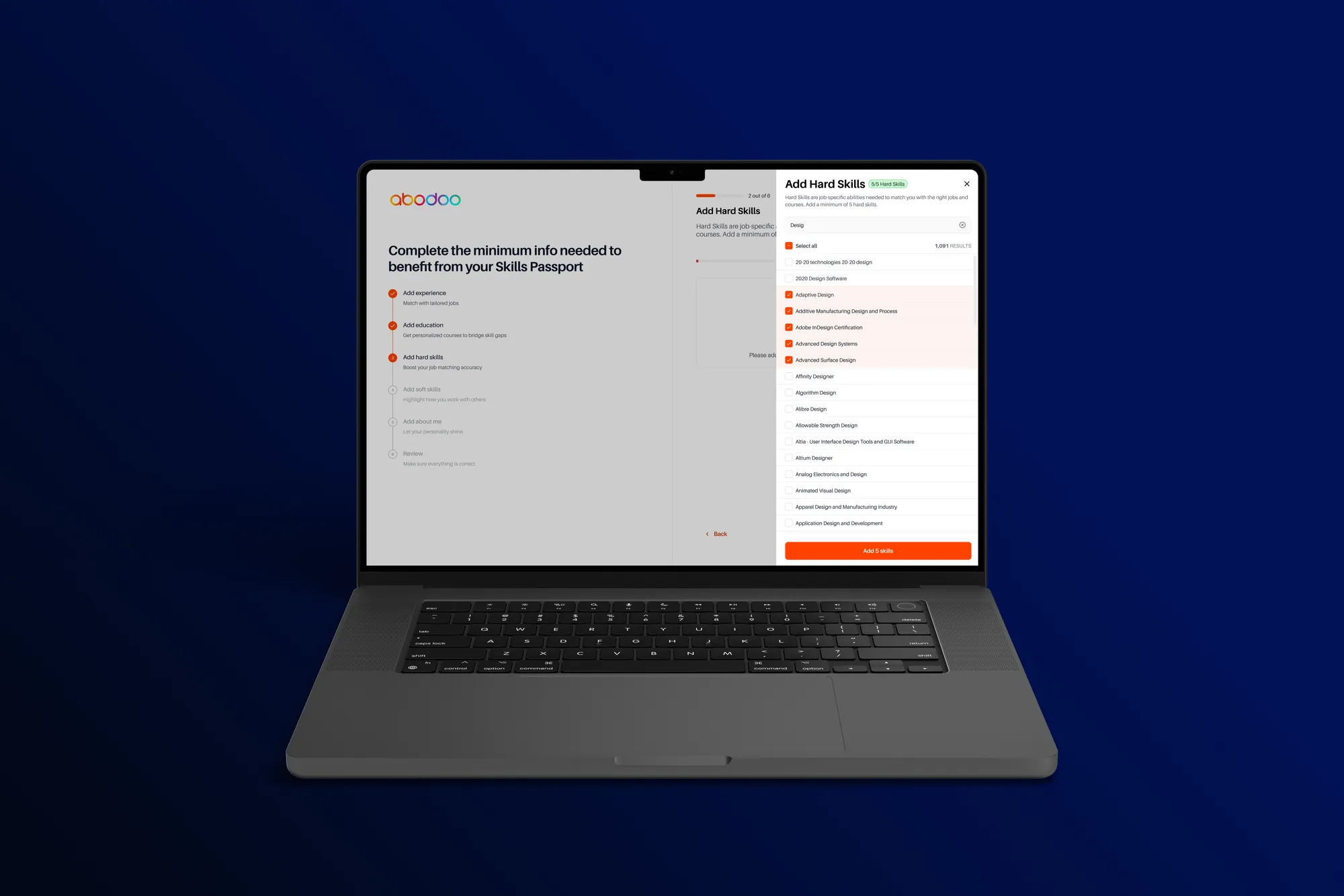 Abodoo Onboarding 2.0 — Add Hard Skills flow on a laptop