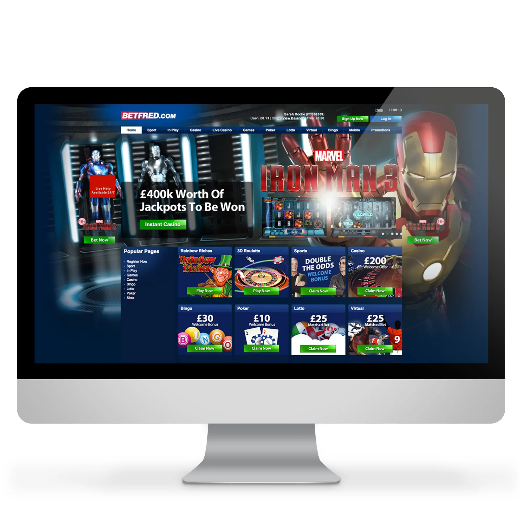 Betfred casino homepage on an iMac — Iron Man 3 campaign with £400k jackpots panel