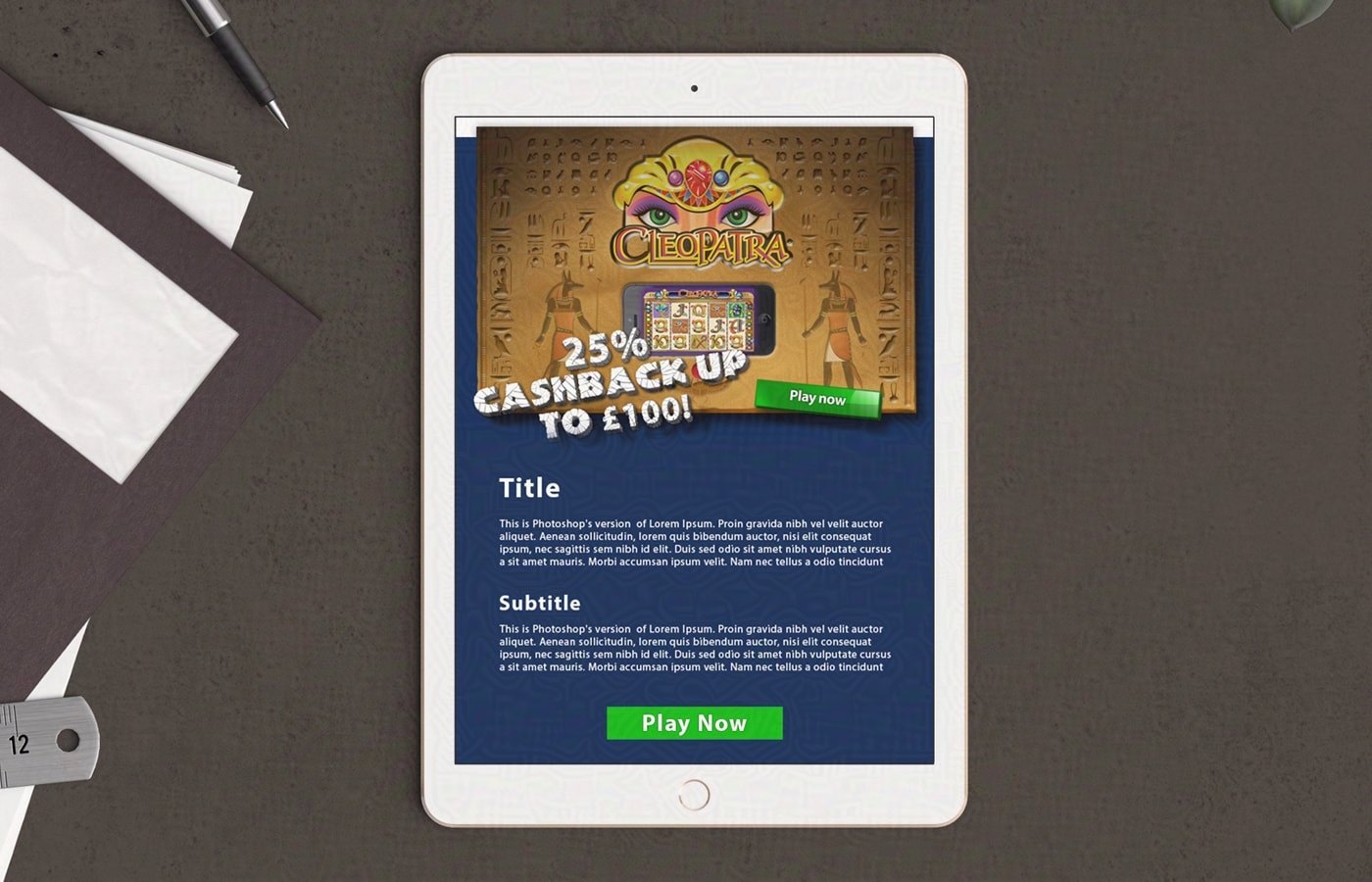Cleopatra 25% cashback up to £100 ad unit shown on a tablet