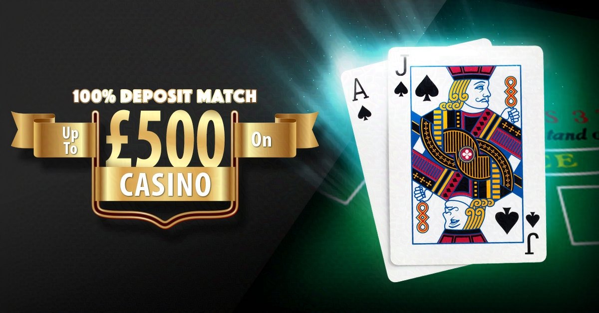 VIP lapsed-player creative — 100% deposit match up to £500 on casino, blackjack hand
