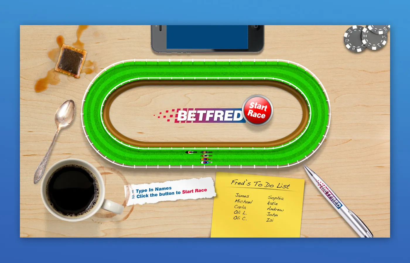 Betfred desktop race game viewed from above on a wooden desk with coffee and a to-do list