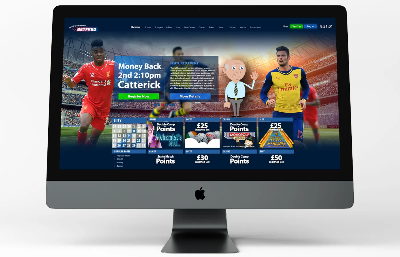 Betfred sportsbook homepage on an iMac — Money Back Catterick offer