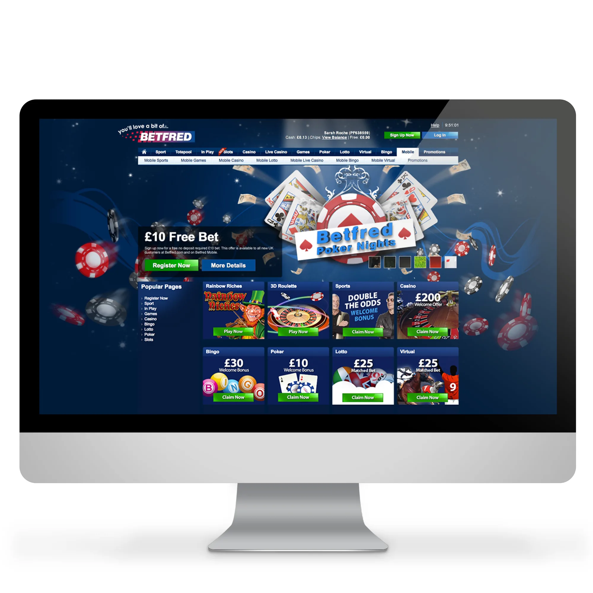 Betfred homepage on an iMac — Poker Nights campaign over a chips and cards scene