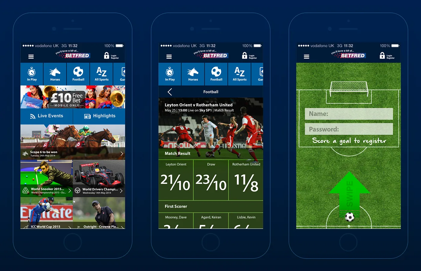 Three Betfred app screens side by side on blue