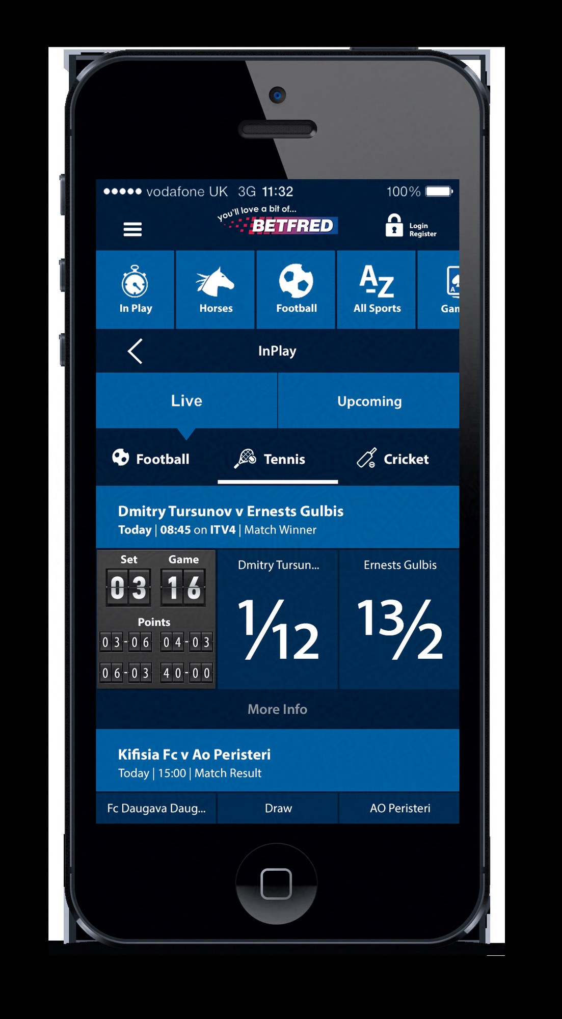 Betfred app In Play screen — live tennis match with set and game scores and prices
