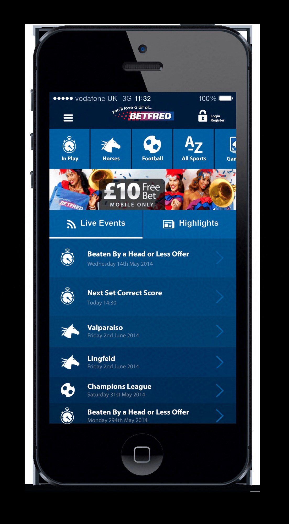 Betfred app home screen — sport icons, £10 free bet banner and the live events list