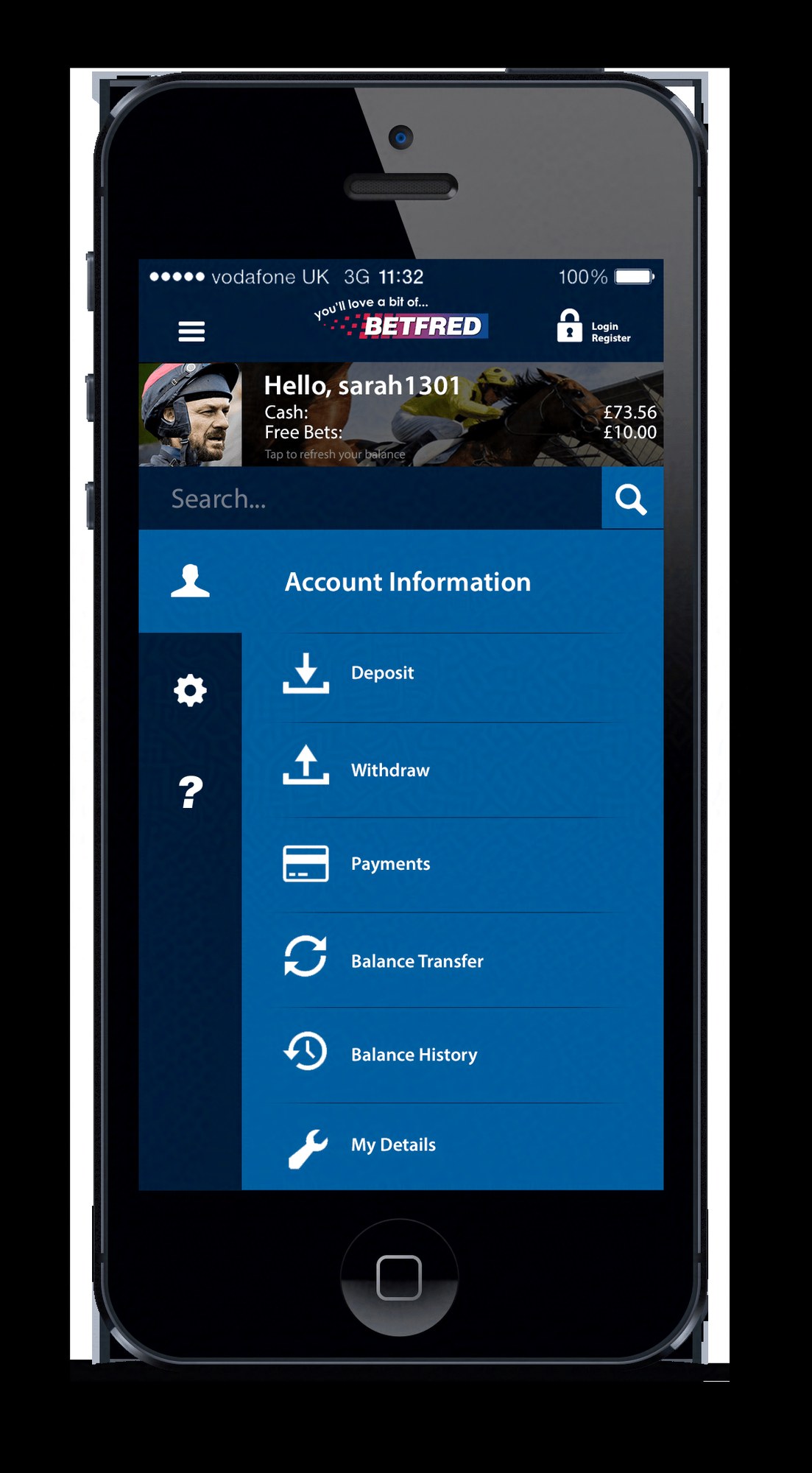 Betfred app account menu — balance header with deposit, withdraw, payments and history