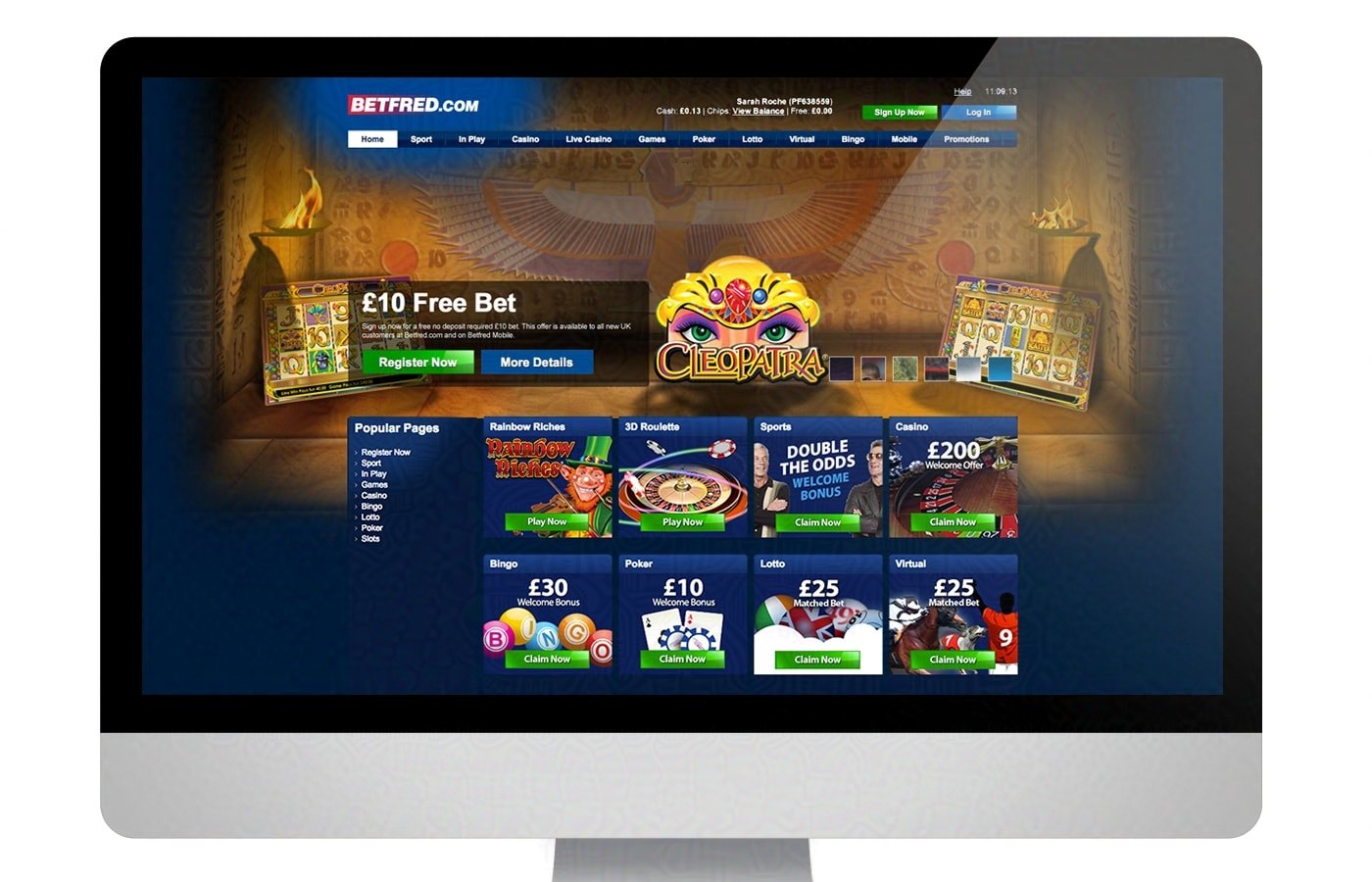 Betfred homepage on an iMac — Cleopatra slots campaign in an Egyptian tomb setting