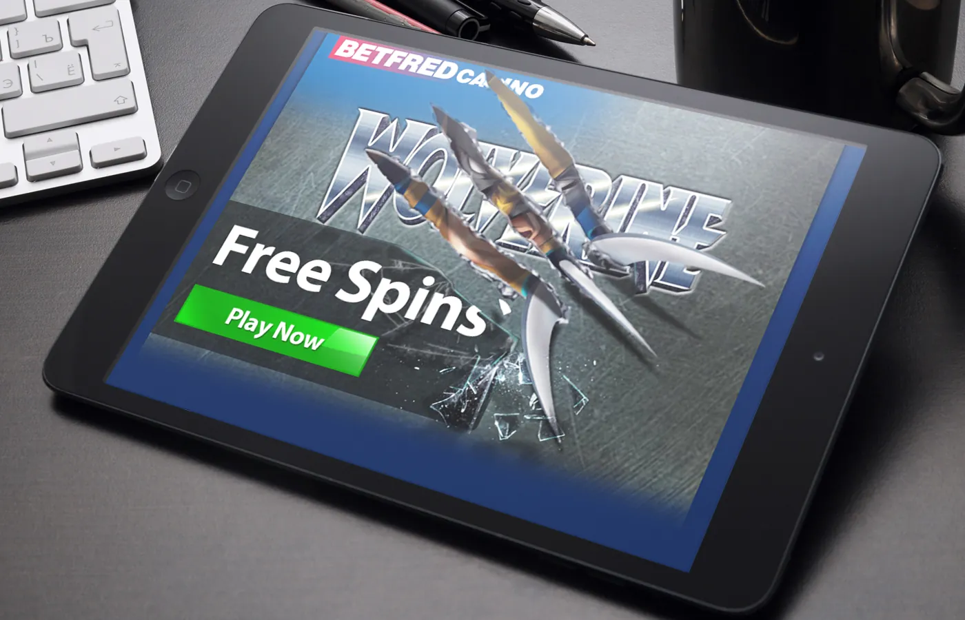 Betfred Casino Wolverine free spins ad shown on a tablet