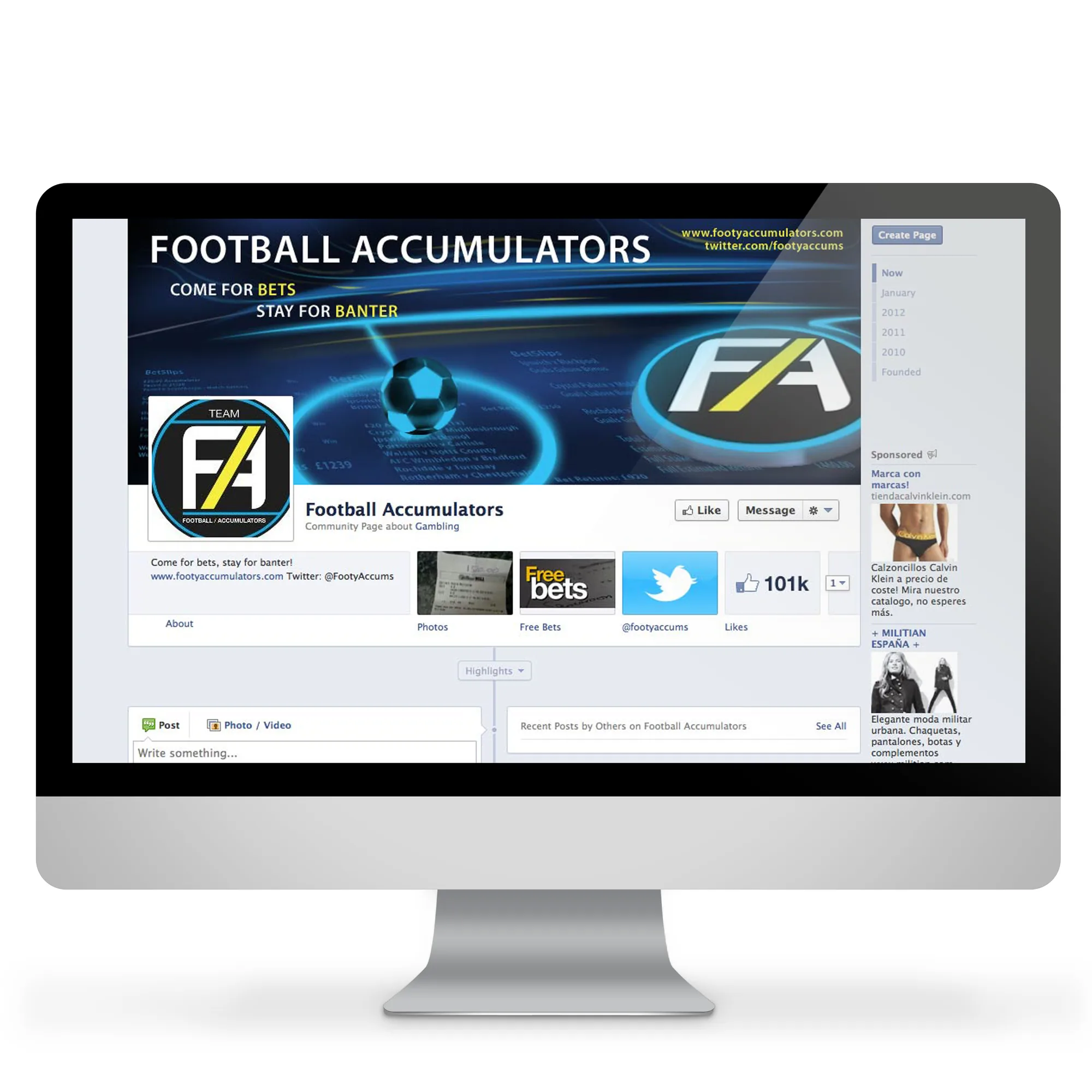 Football Accumulators Facebook page on an iMac — Come For Bets, Stay For Bantes cover