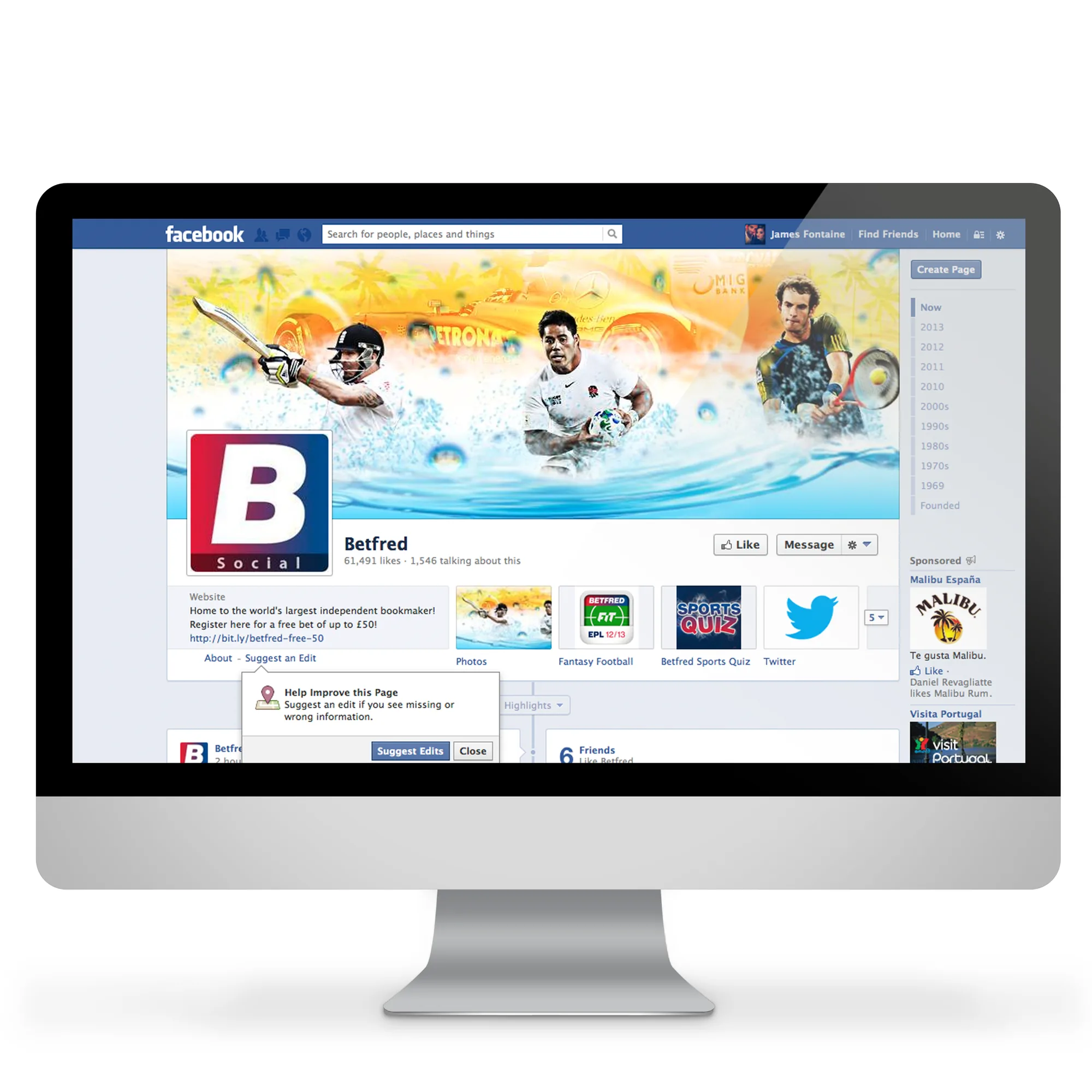 Betfred Social Facebook page on a laptop — multi-sport illustrated cover