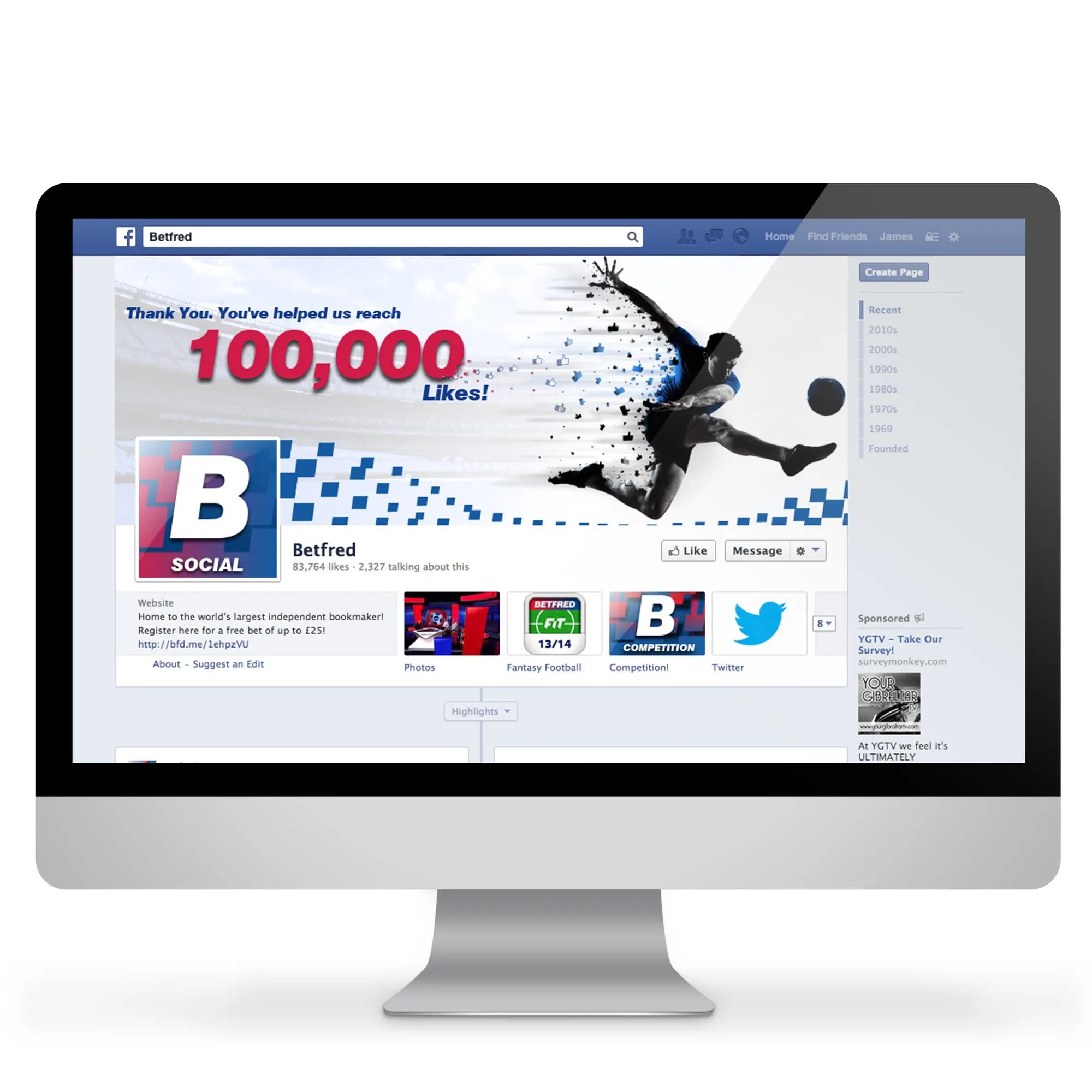 Betfred Social Facebook page on an iMac — Thank You, You've helped us reach 100,000 Likes cover