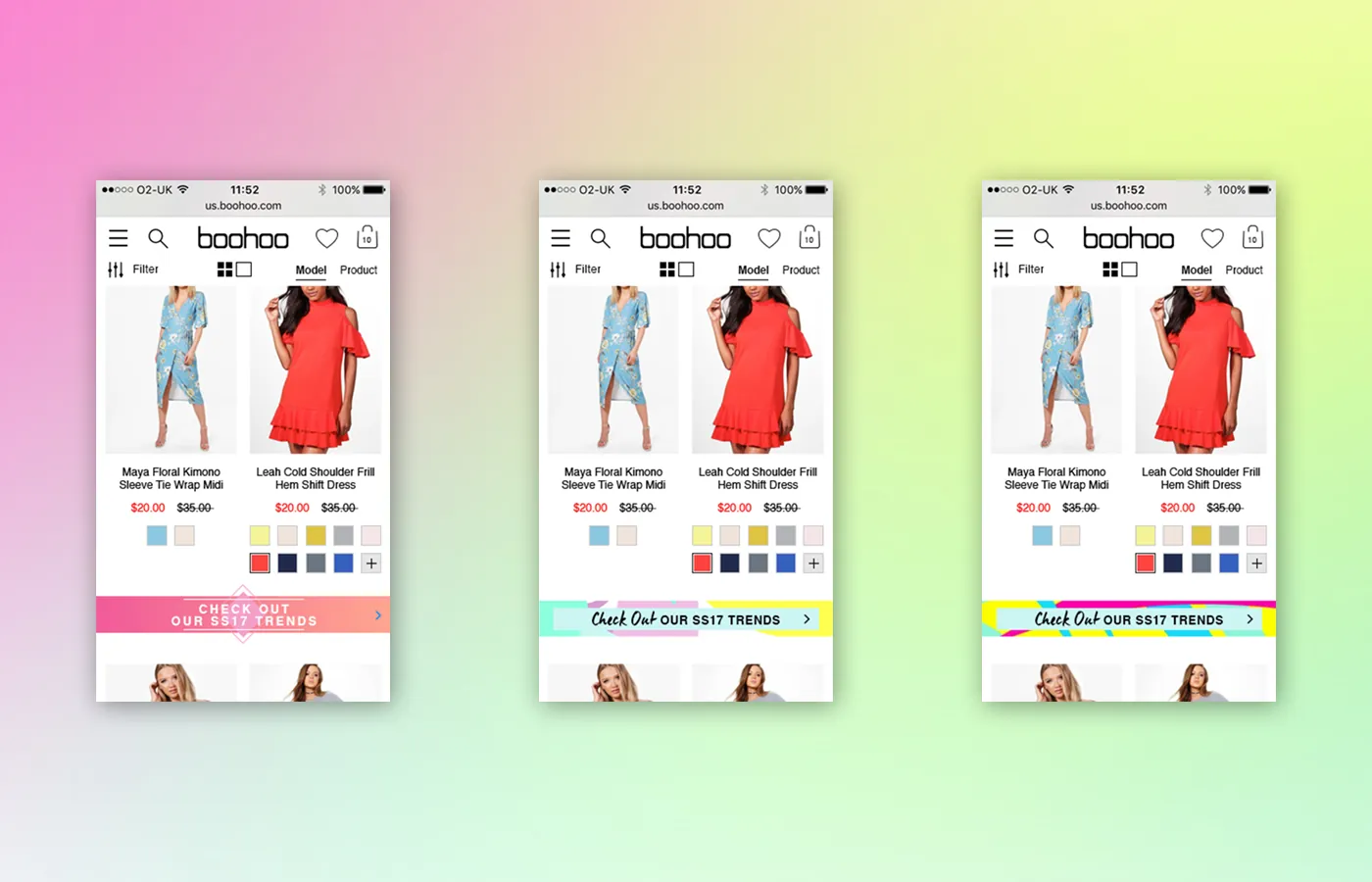 Three content-slot banner treatments compared on mobile within the dresses grid