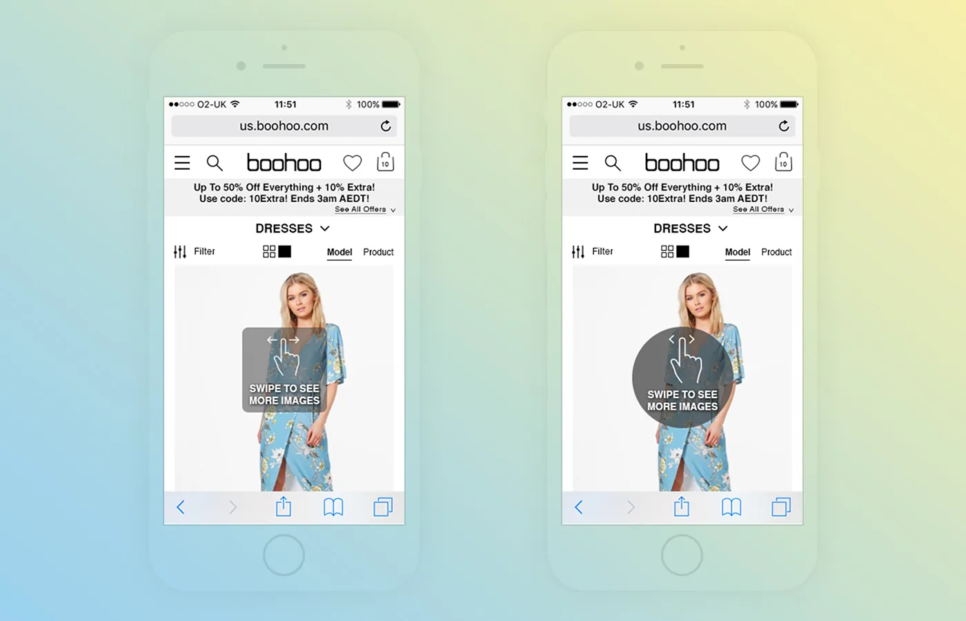Swipe-to-see-more-images affordance on mobile, two icon treatments side by side