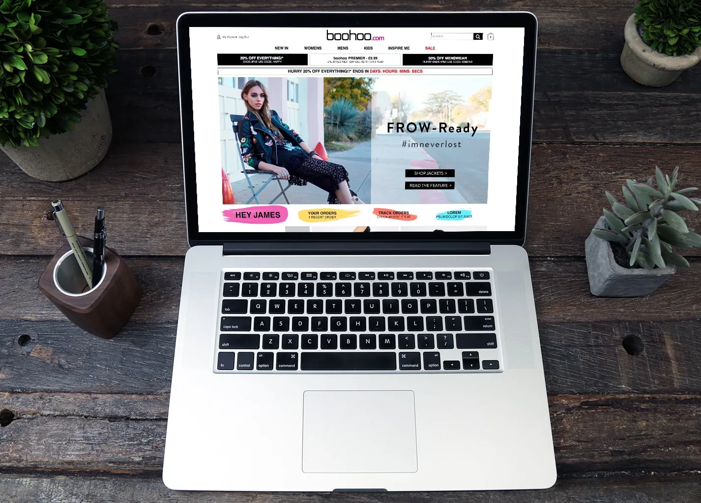 Account dashboard on a laptop — greeting, recent orders and order tracking under the FROW-Ready feature