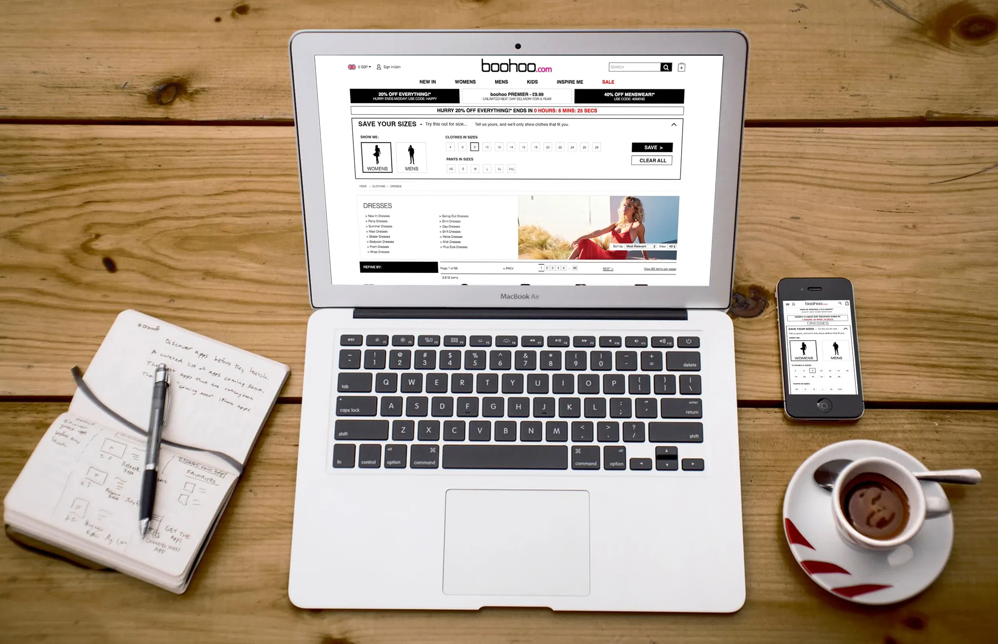 Save Your Sizes panel open on a laptop, with the same flow on a phone alongside