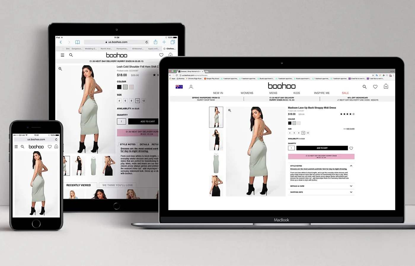 Product page across laptop, tablet and phone — gallery, size selector and add to cart