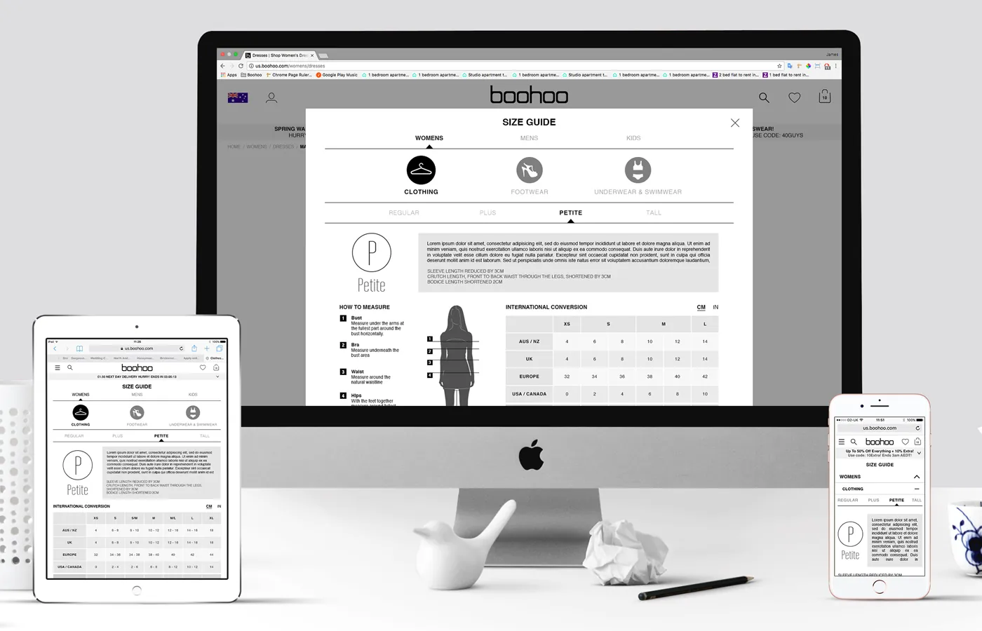 Size guide overlay across iMac, tablet and phone — category tabs, how to measure and the conversion table