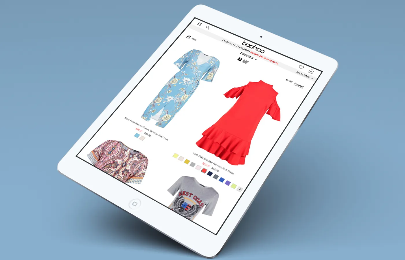 Product view on a tablet — model and product toggle with colour swatches