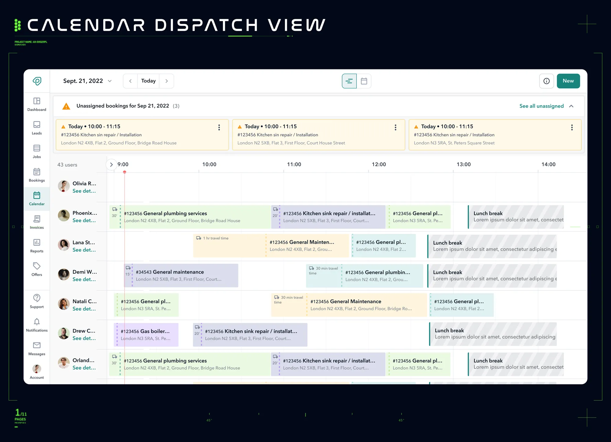 High-fidelity design 1 — calendar with the unassigned bookings notification card