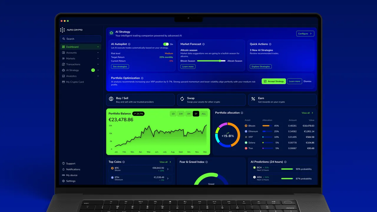 Auto Crypto app dashboard on a laptop
