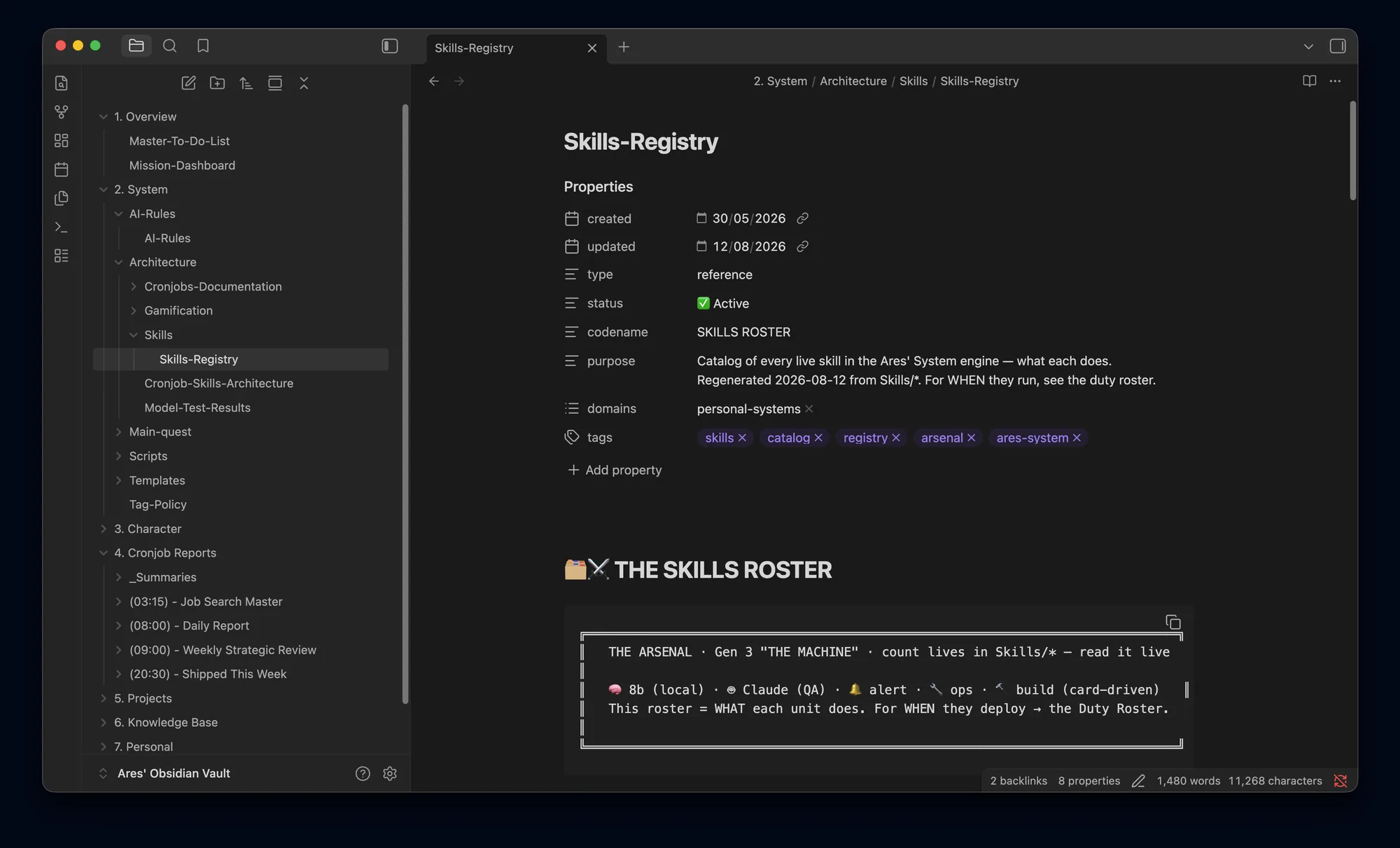 The skills registry — a catalogue of every live skill in the engine and what each one does