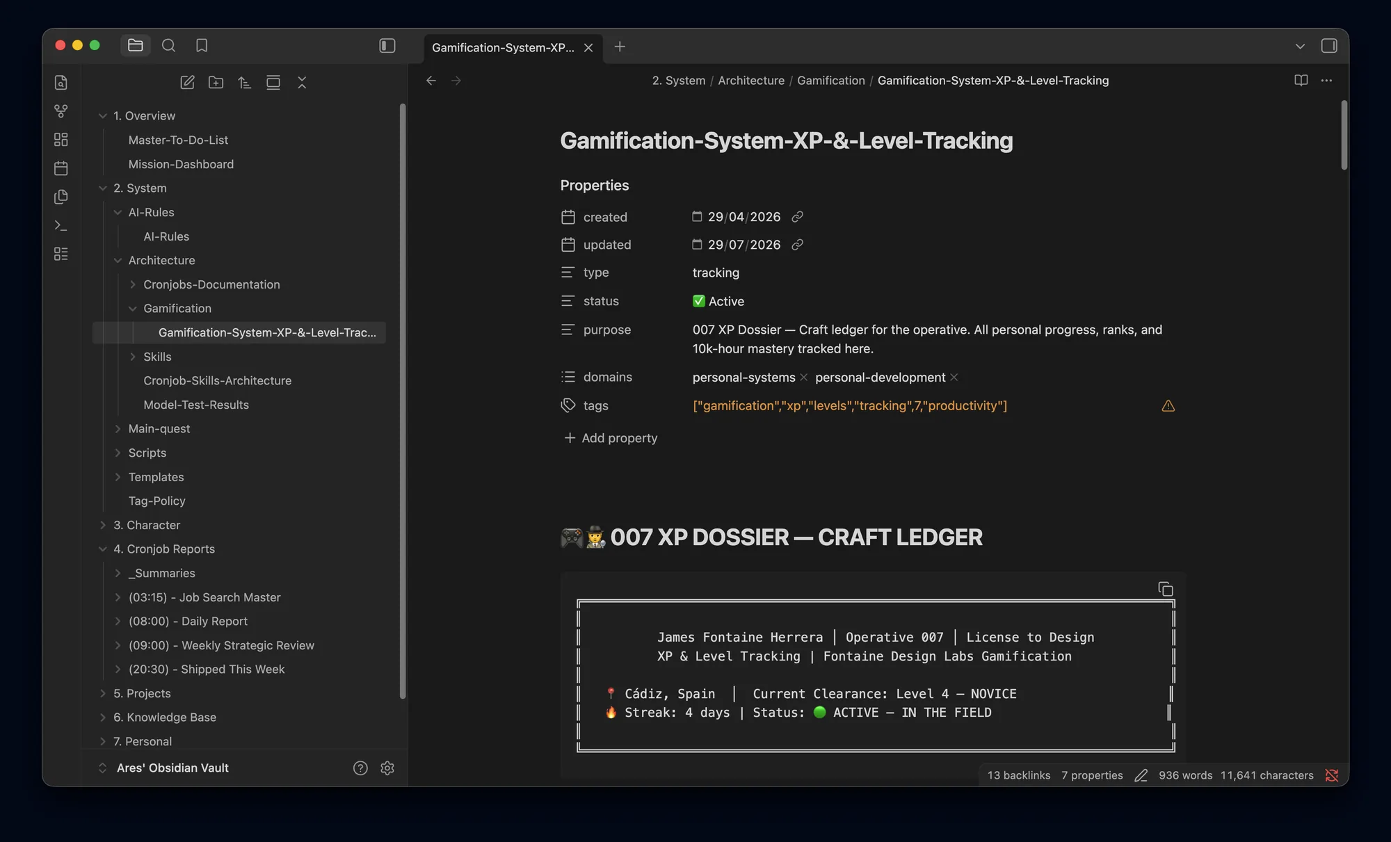 The XP ledger — the gamification layer that tracks craft progress against the mission