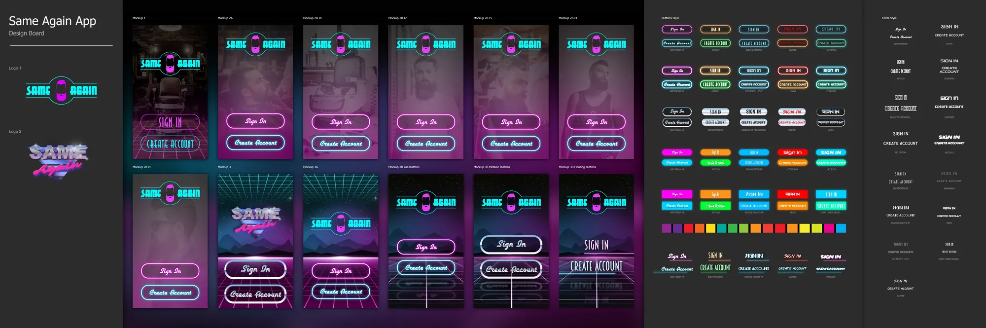 The full app GUI — every screen and the colour system laid out on one sheet