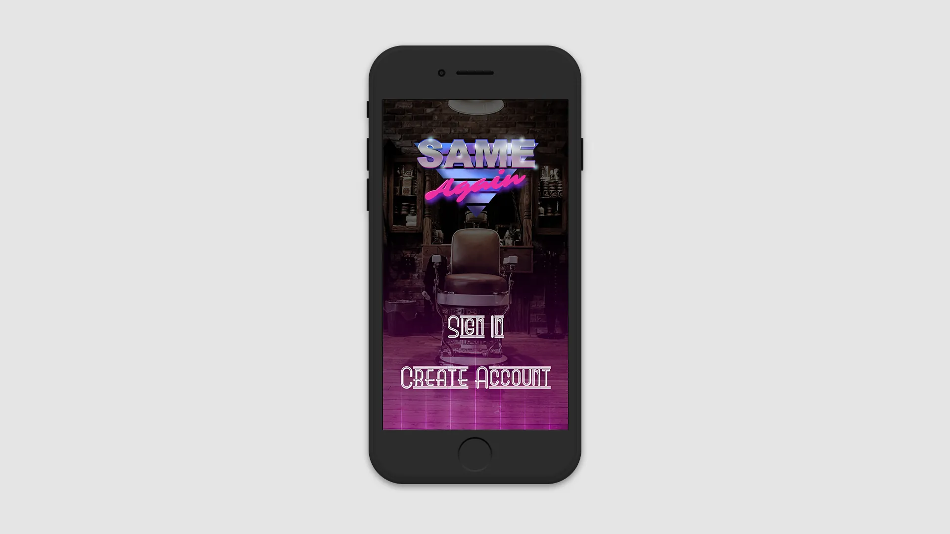 Splash screen — barbershop interior under a magenta wash, with sign in and create account