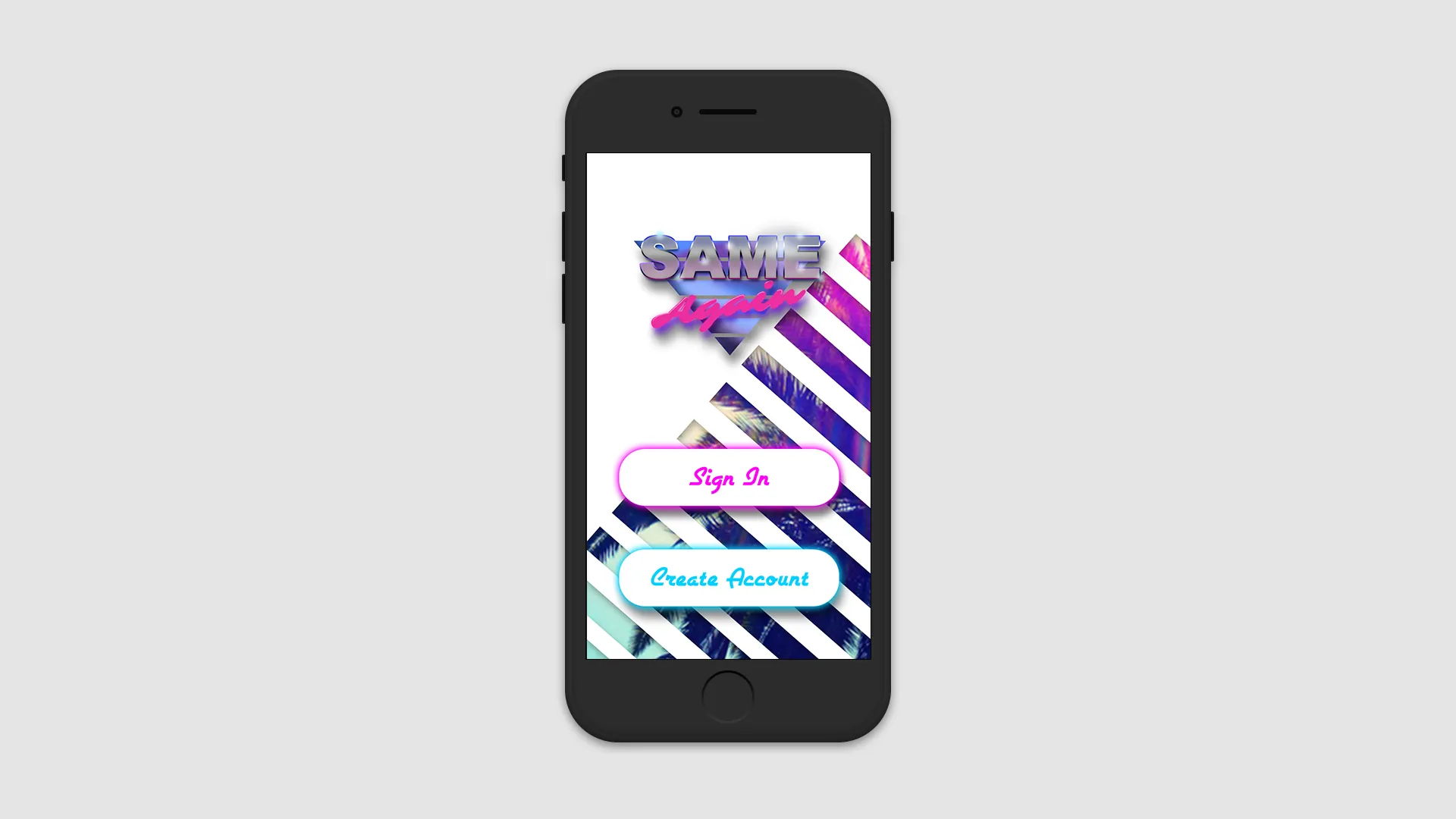 Splash screen — diagonal magenta and navy stripes with script buttons