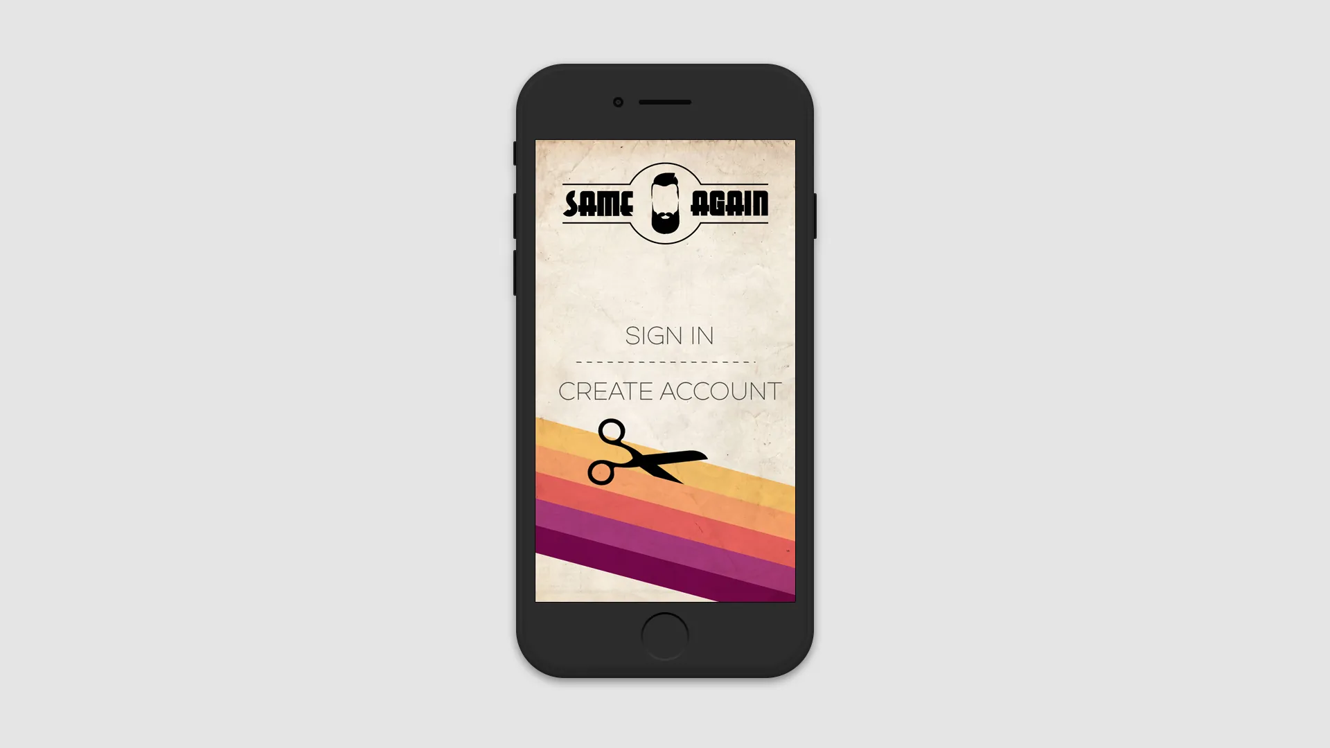 Splash screen — warm gradient stripes with a scissors mark