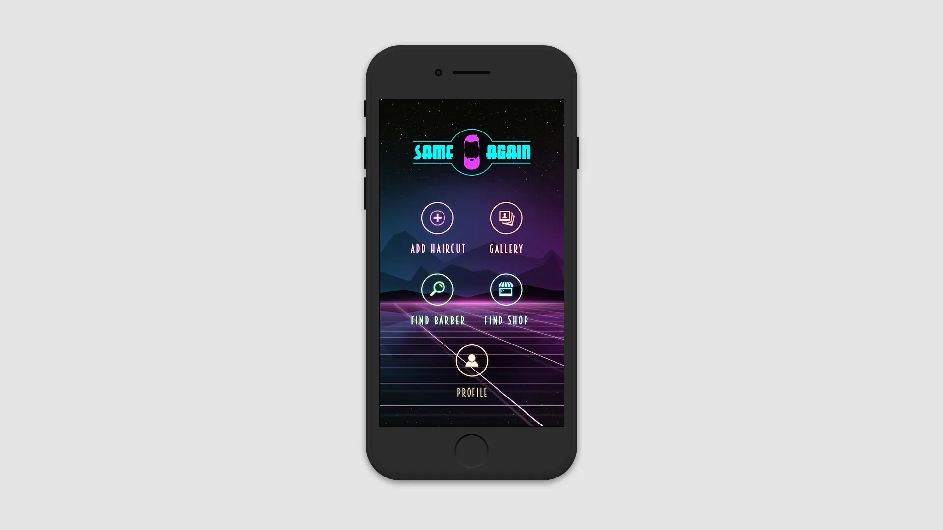 Home screen — add haircut, gallery, find barber, find shop and profile as icons