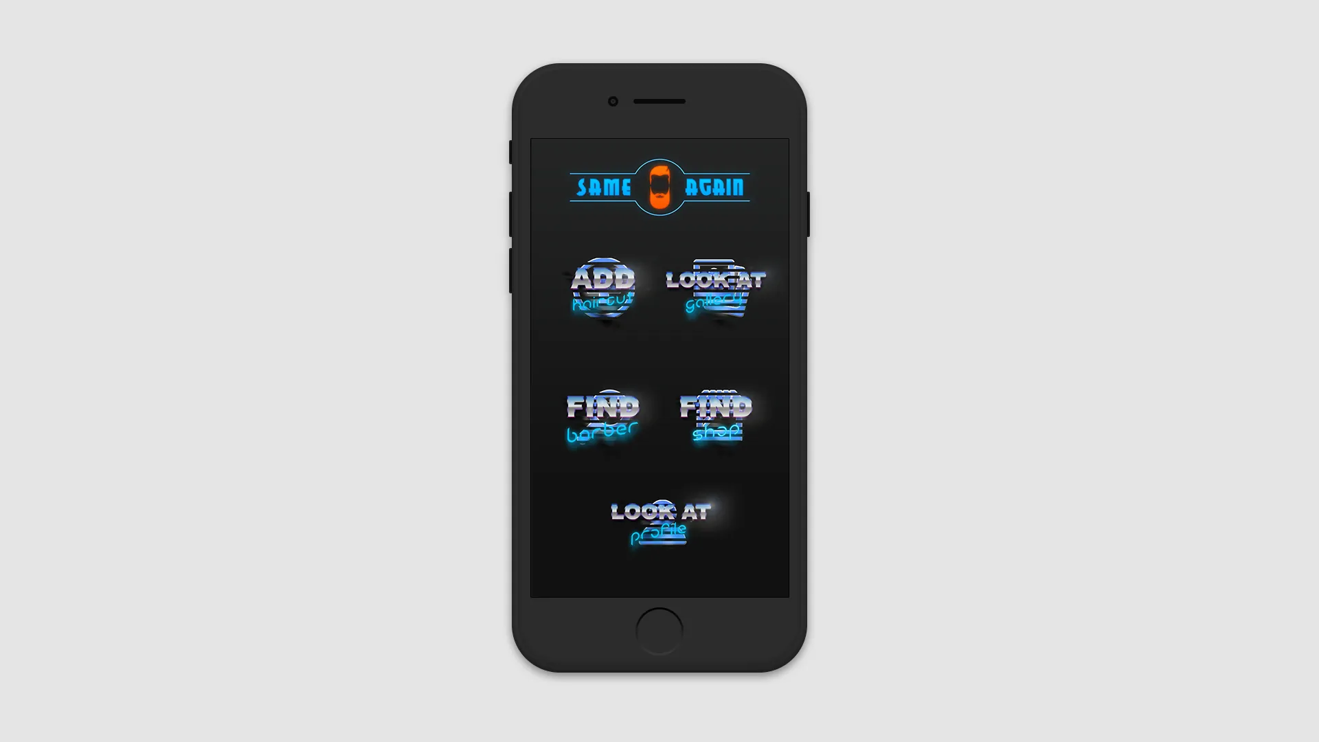 Home screen — the same actions set as two-tone wordmarks
