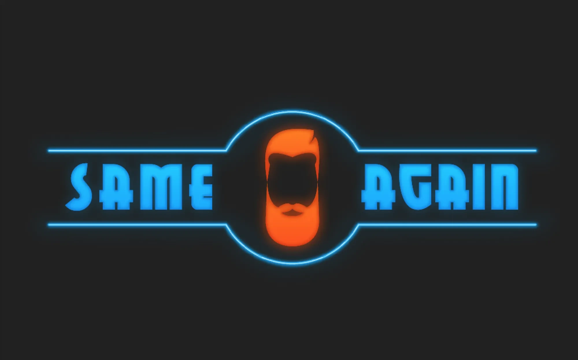 Same Again wordmark — beard monogram between blue rules