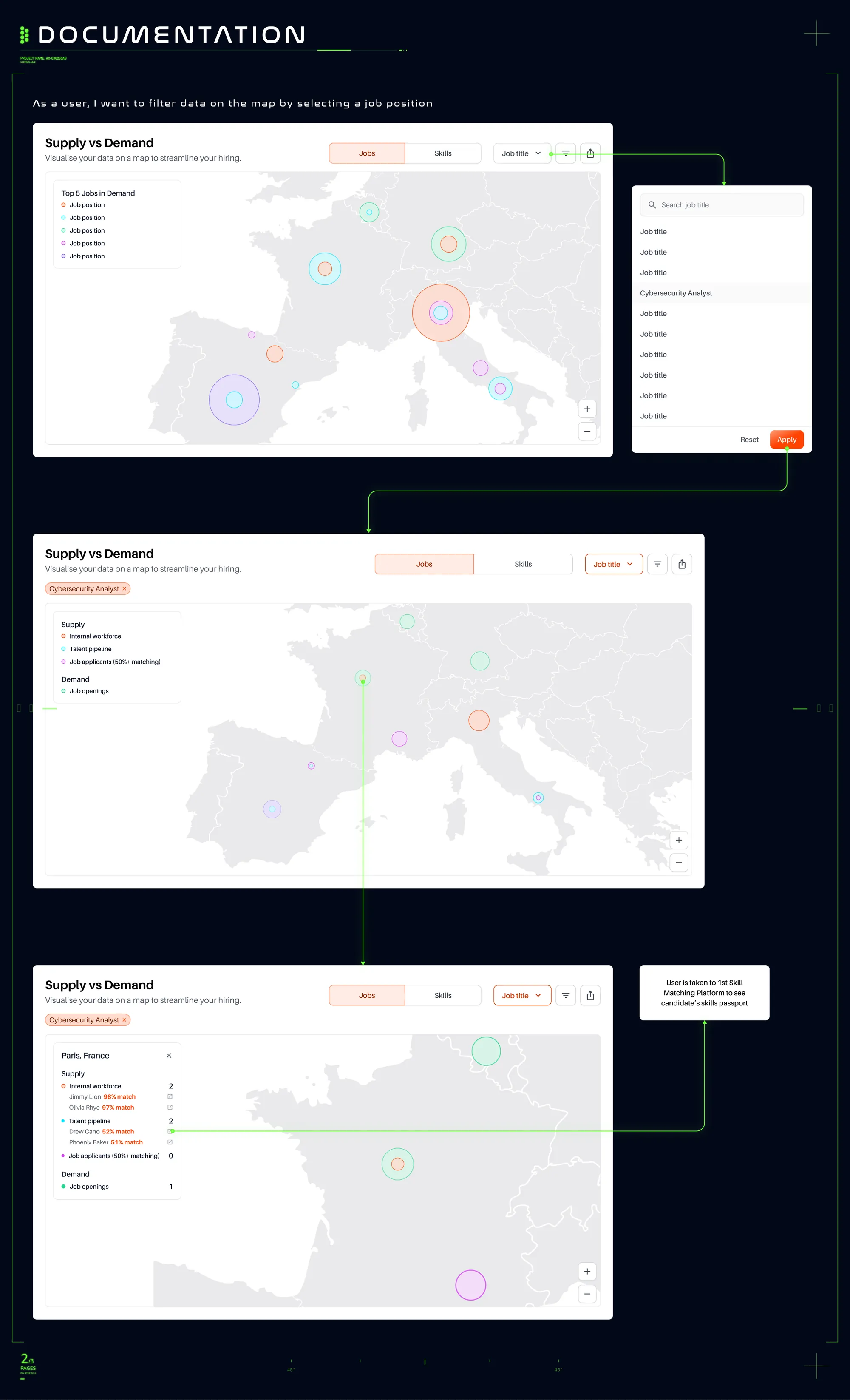 High-fidelity design 2 — handover screens for the filter side panel and legend states