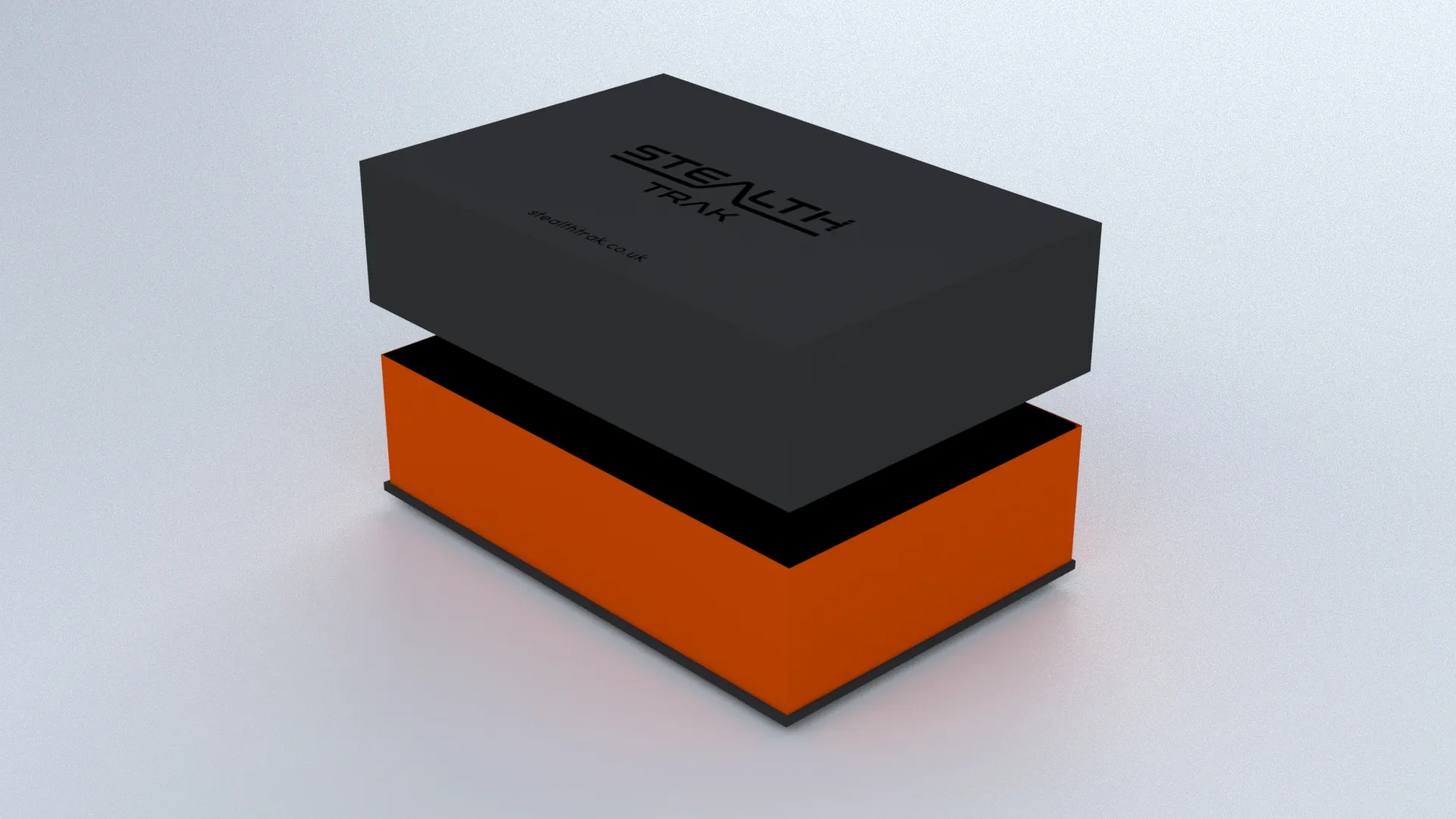 Stealth Trak packaging, V4 — black lid floating above the orange base