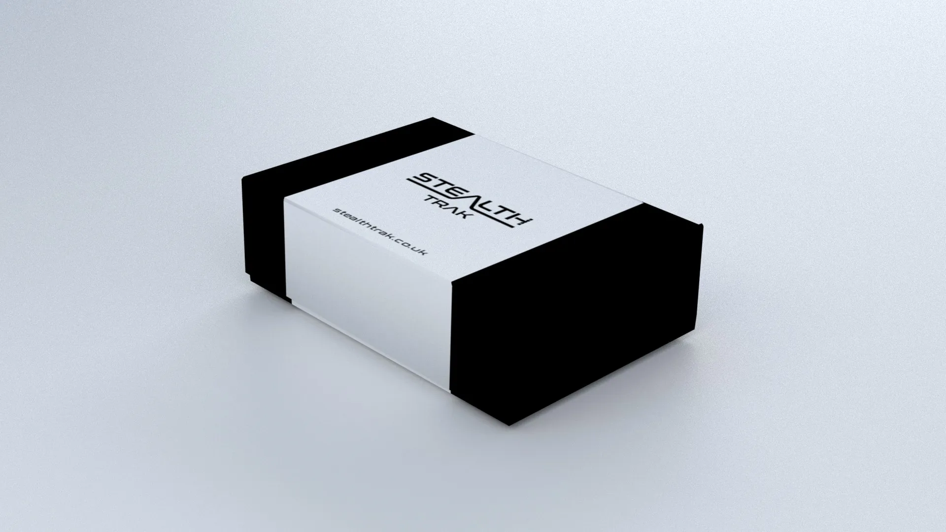 Stealth Trak packaging, V1 — white sleeve with black ends, closed