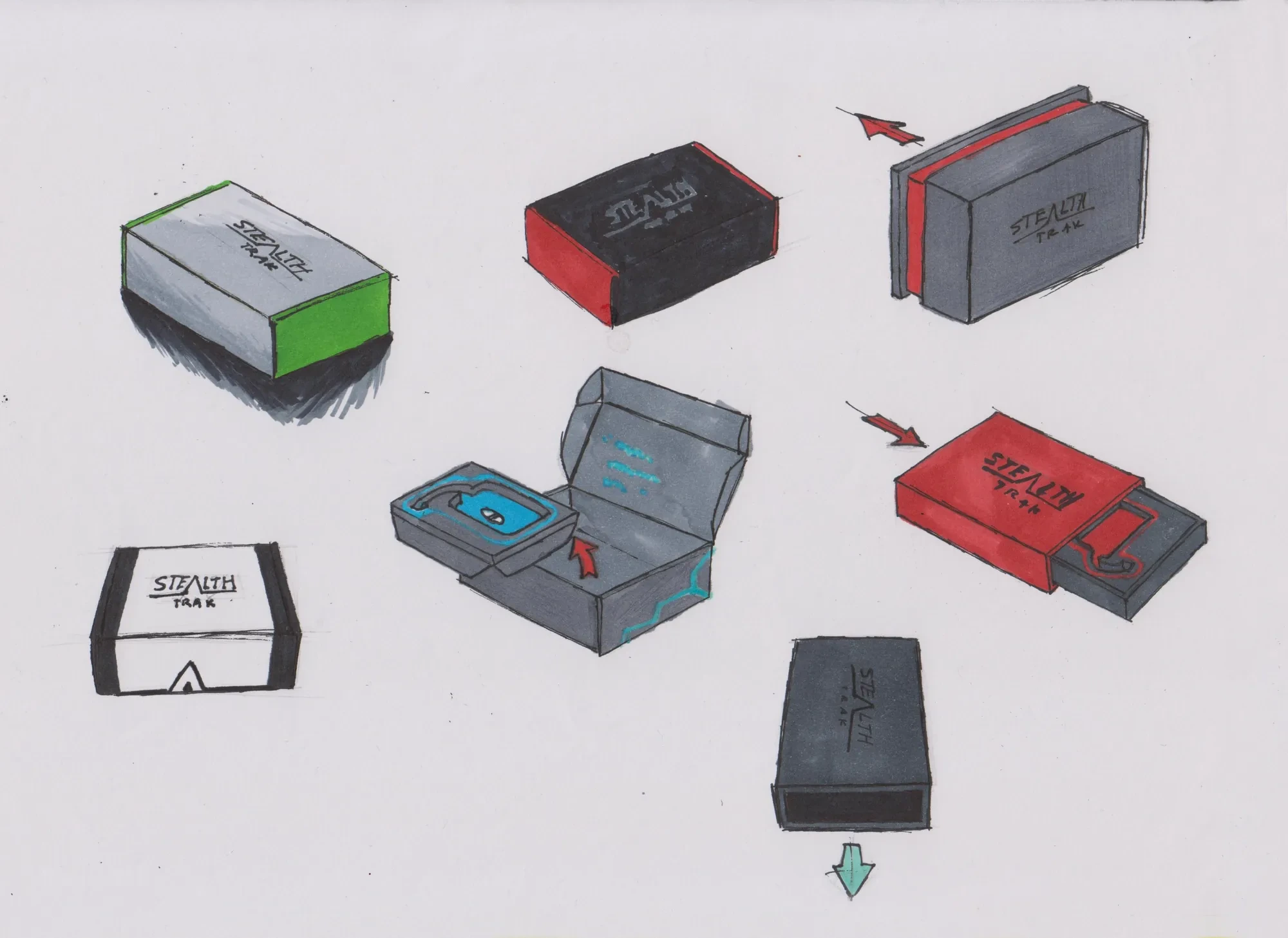 Marker concept sheet — eight box studies in green, red and grey colourways with opening directions arrowed