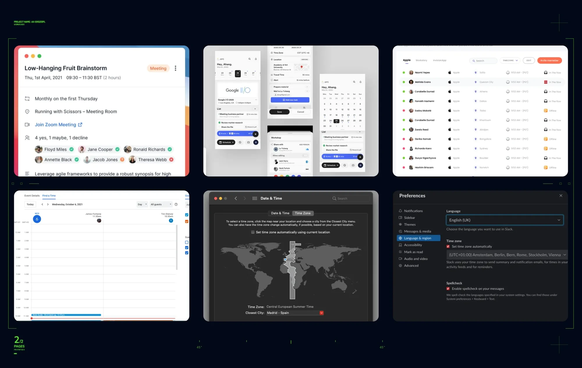 Competitor analysis board 2 — time zone UI references from Slack, Facebook and macOS