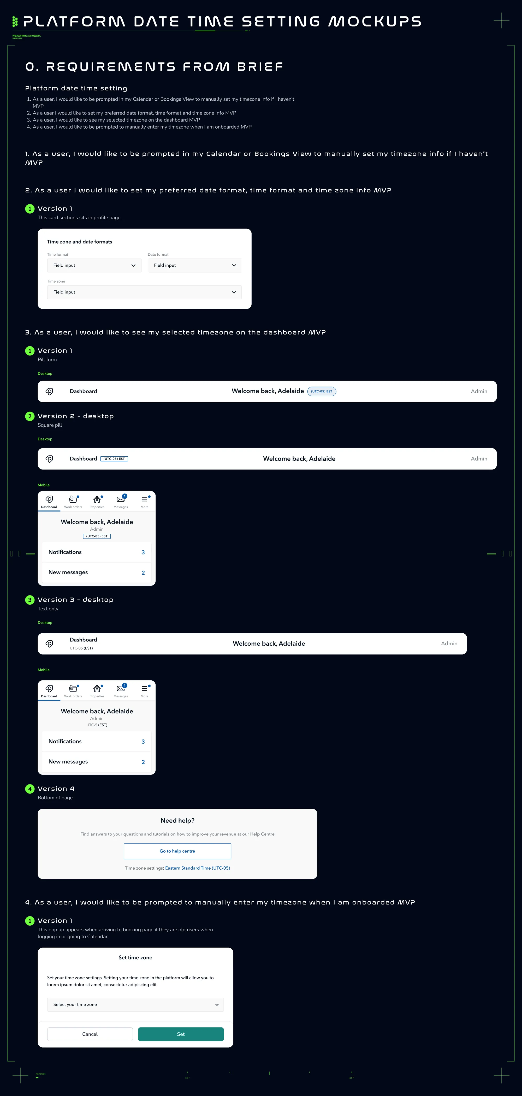 Ideation board 1 — user flows for setting and displaying a time zone