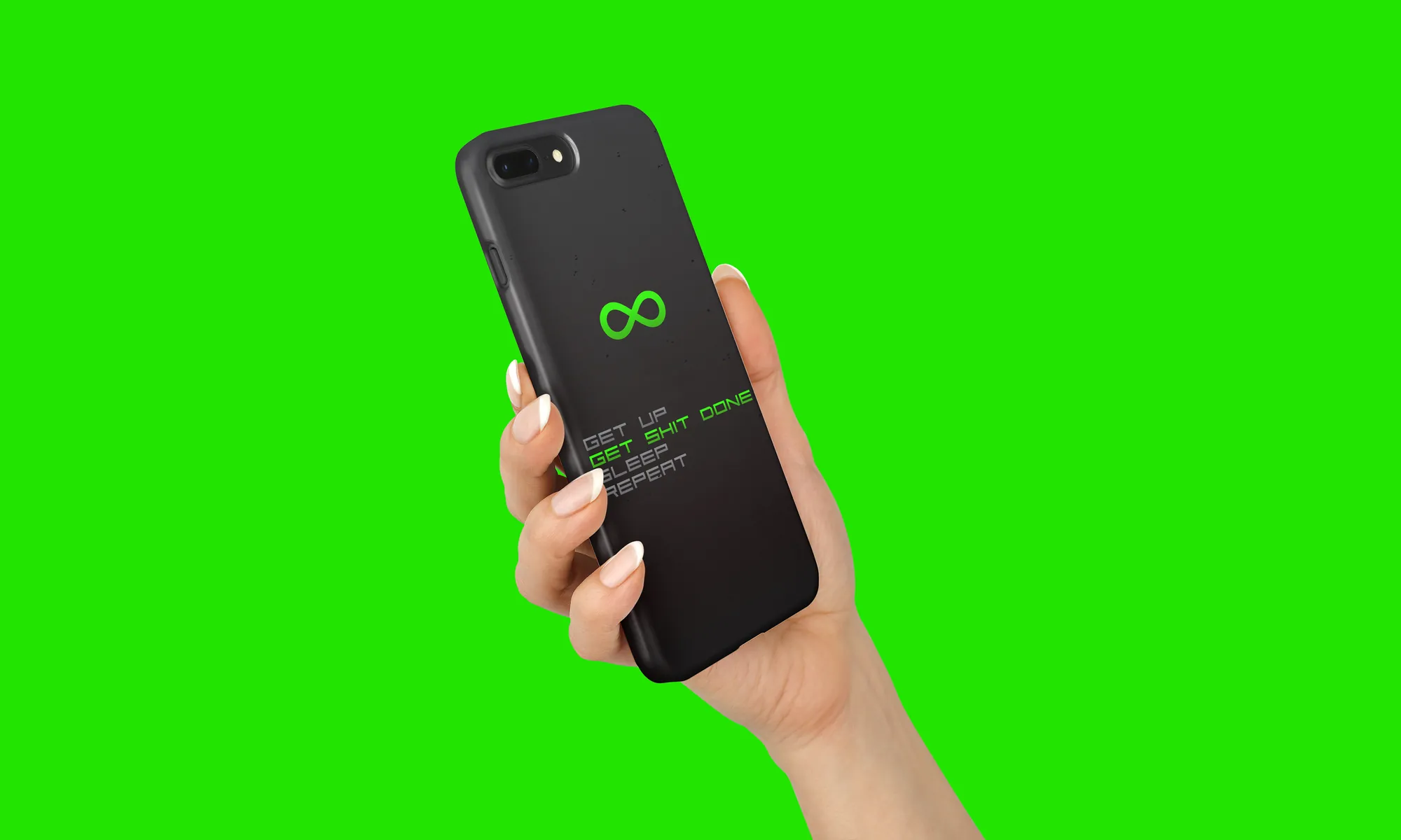 GET UP, GET SHIT DONE, SLEEP, REPEAT phone case held in hand, on green