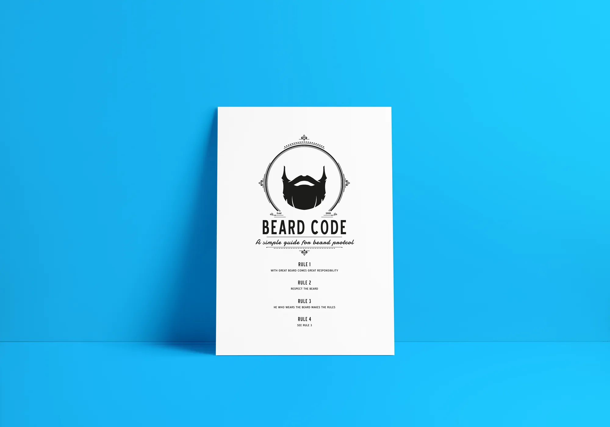 BEARD CODE poster — a simple guide to beard protocol, on blue