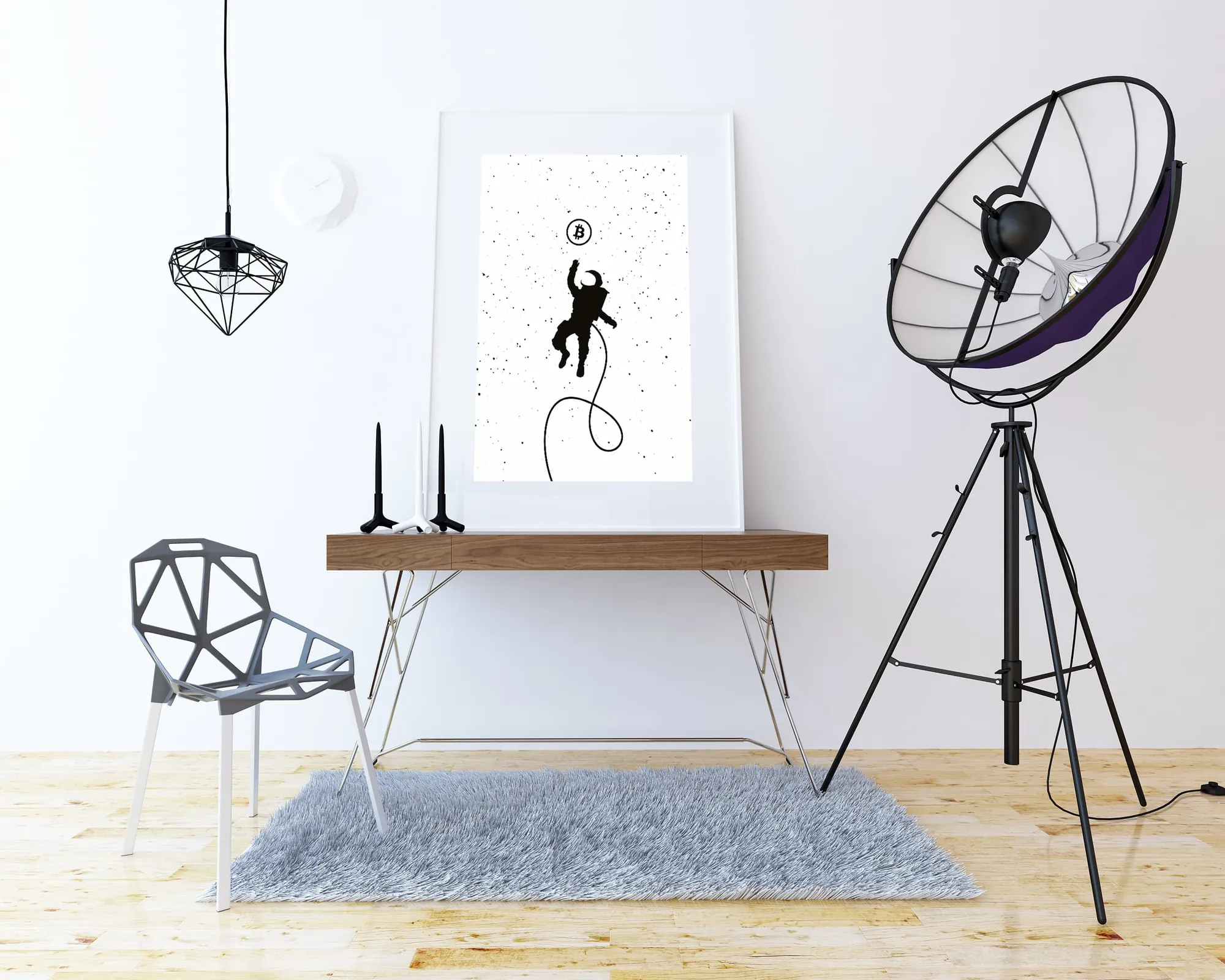Bitcoin astronaut print framed in a styled interior